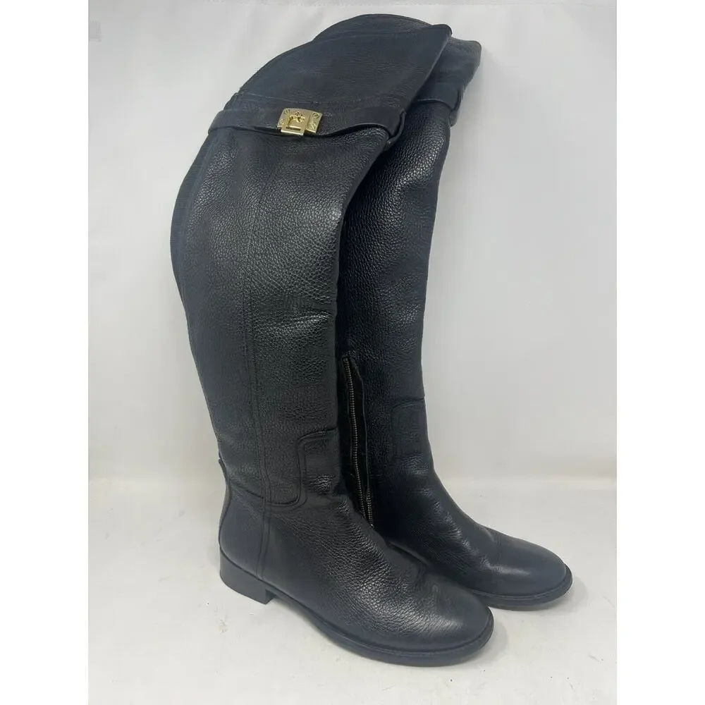 Tory Burch Boots Womens 8.5 M Elena Over The‎ Knee OTK Black Pebbled Leather Zip